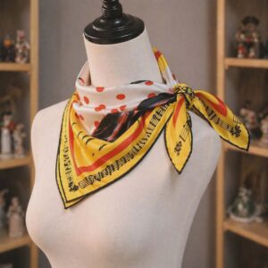 Grand foulard en soie imprimé motif artistique jaune & pois rouges, 87 x 87 cm