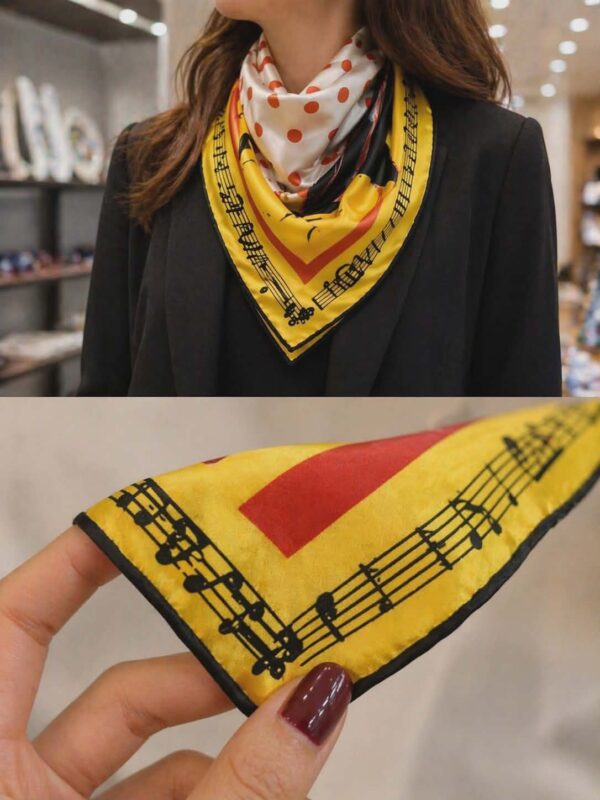 Grand foulard en soie imprimé motif artistique jaune & pois rouges, 87 x 87 cm