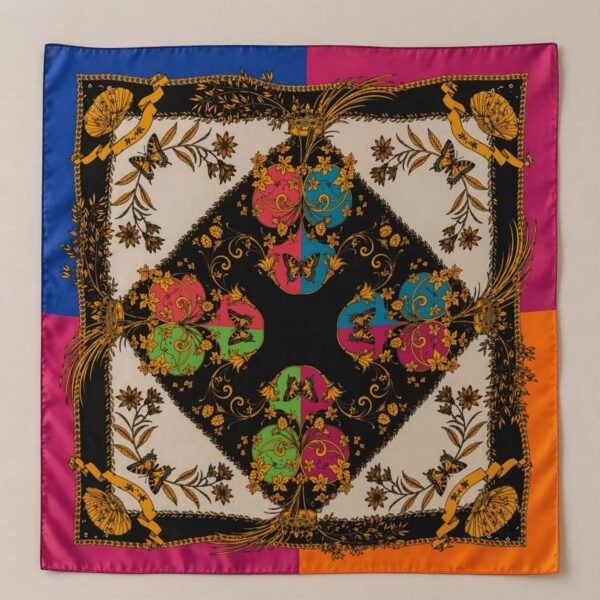 Grand foulard en soie imprimé motif ornemental multicolore, 87 x 87 cm
