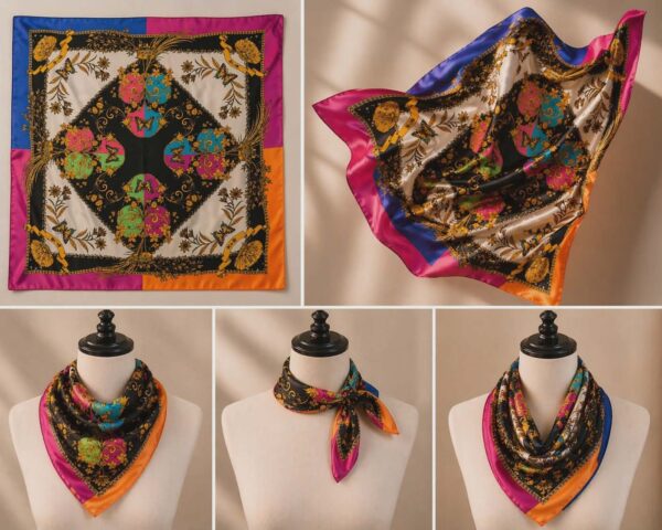 Grand foulard en soie imprimé motif ornemental multicolore, 87 x 87 cm