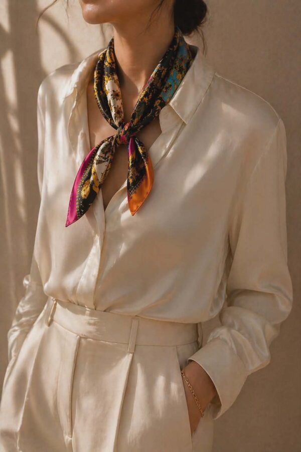 Grand foulard en soie imprimé motif ornemental multicolore, 87 x 87 cm