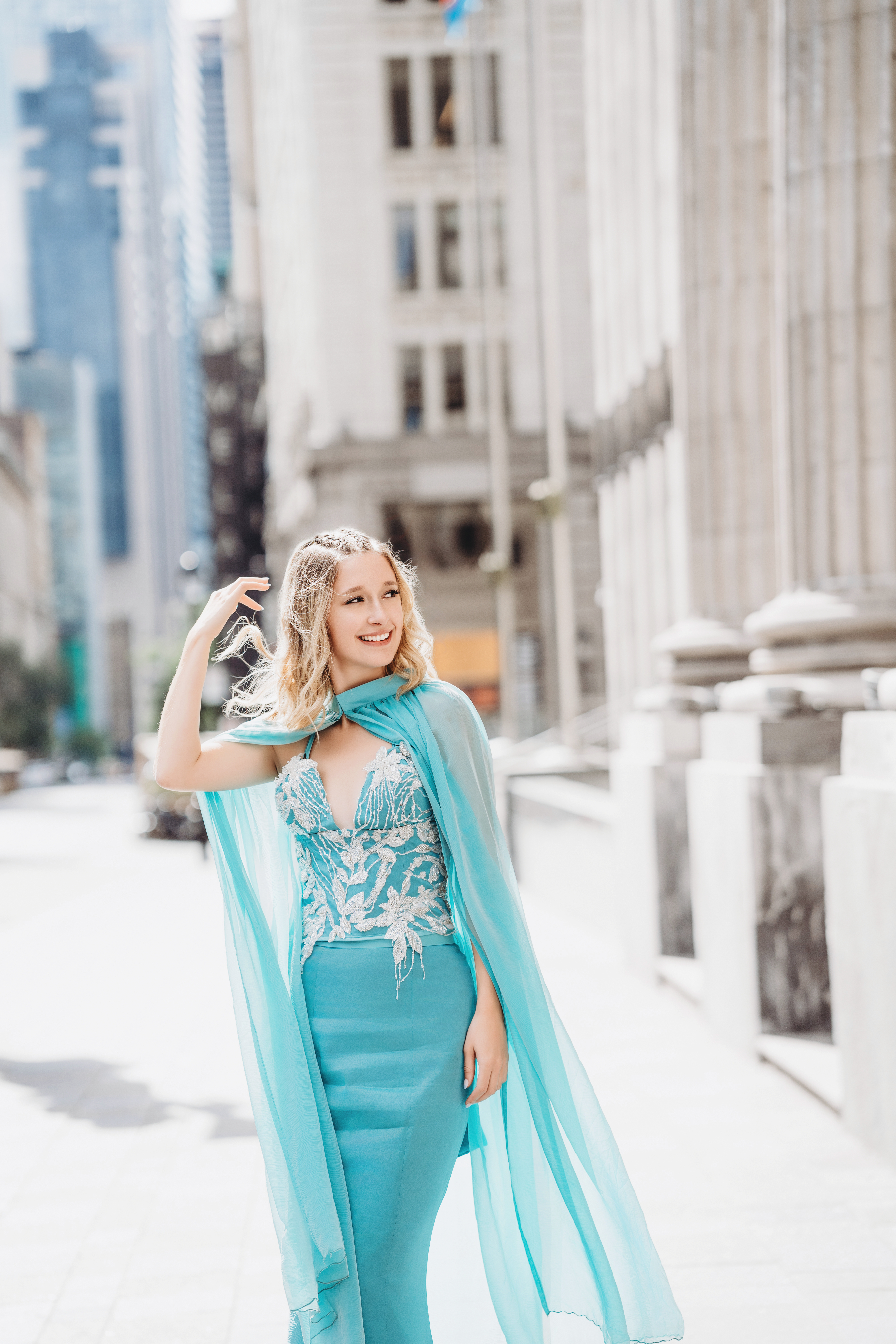 Robe de soirée EMERGENCE - création modulable en Satin de soie bleu océan