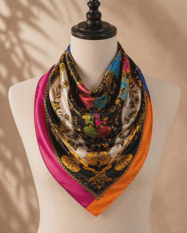 Grand foulard en soie imprimé motif ornemental multicolore, 87 x 87 cm